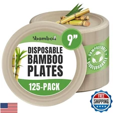 ibambo Bamboo Paper Plates Compostable (125-Pack, 9-inch) | Sturdy and Microw