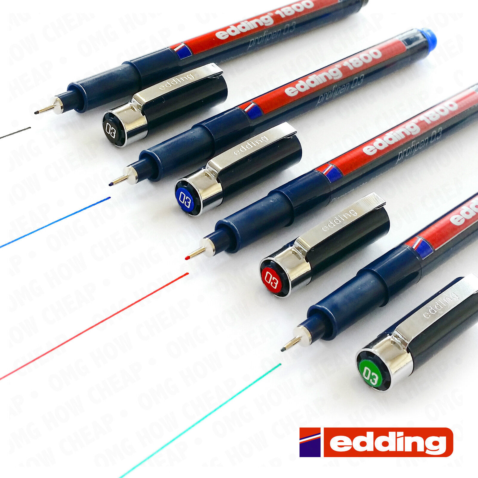 4 x Edding 1800 Drawing Pen Pigment Liner Fineliner 0.3mm Black,Blue,Red,Green