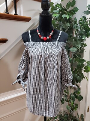 BCX Womens White Black Gingham Polyester Off The Shoulder Top Blouse Size Medium