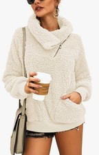 New Kirundo Women's 2023 Winter Lapel Fuzzy Fleece Sweatshirt Faux Shearling L