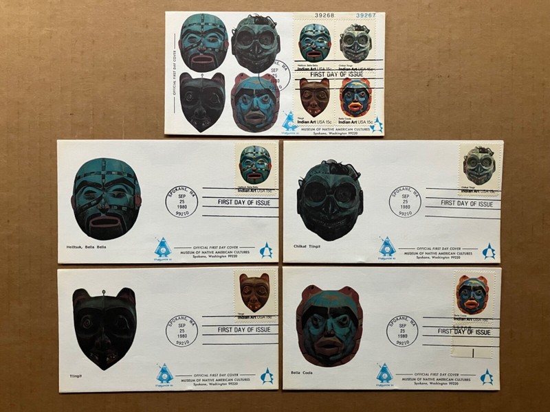 1980 15c Pacific NW Indian Masks 1834-37 Andrews Cachet FDC Set (5) LE/2500,3000