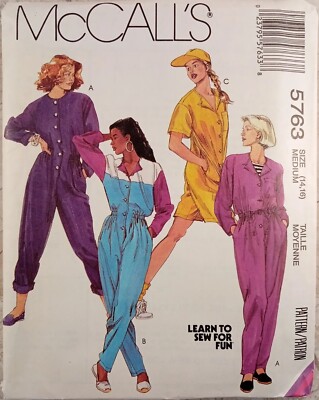 McCALLs 5763 VTG 90s Jumpsuit Romper loose button-up pockets 14 16 Medium UNCUT