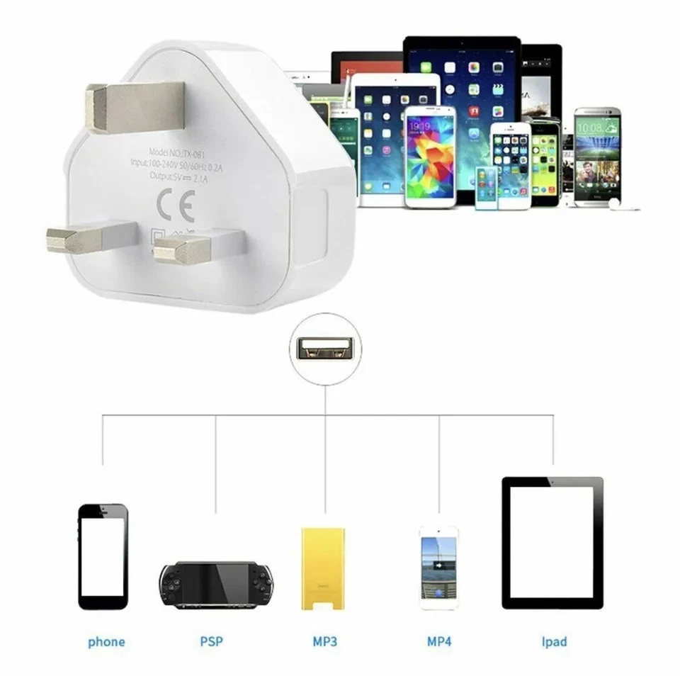 Reino Unido 3 pines principales pared enchufe de carga USB adaptador cargador de pared para iPhone Samsung Foto 2 de 3