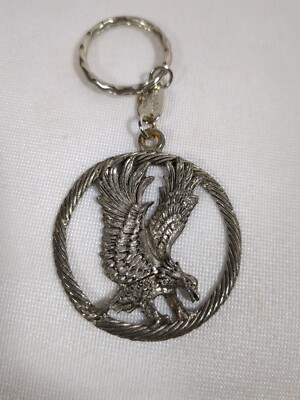 Vintage Pewter Landing Bald Eagle Spread Wings Bird Round Keychain 