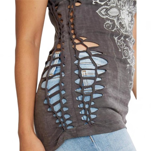 Camiseta para mujer Affliction Angelica carbón lava lavado encaje estrás Y2K XS-XL - Imagen 3 de 3
