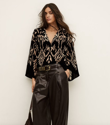 BA&SH Arriet Burnout Velvet Blouse Black Nude Size 1 S NWT Plunging V-Neck Top