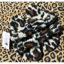 NEW Secret Treasures Women's Leopard Sherpa Fur Double Strap Sandals Slippers, 6