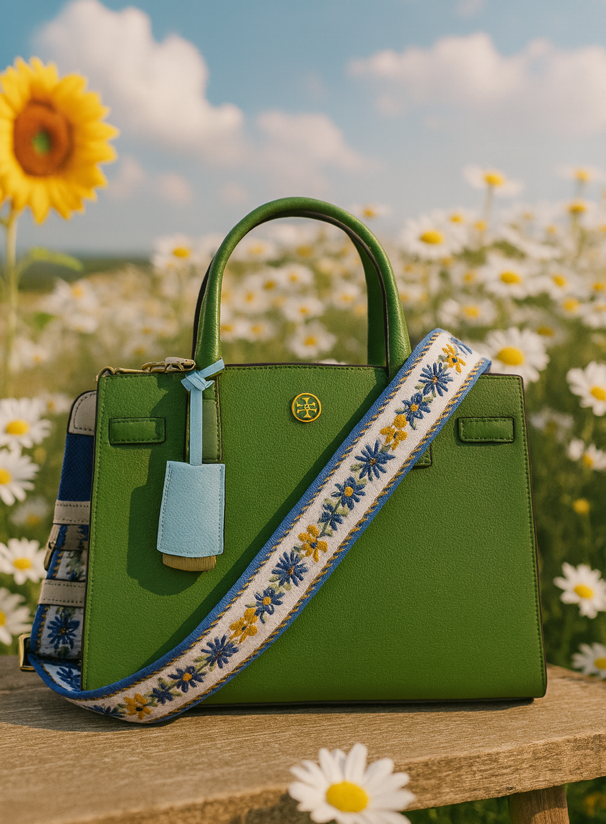 New Tory Burch Walker Spinach Green Leather Webbing Strap