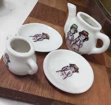 Porcelain Miniature Dollhouse Tea Set Made in Japan, Teapot, Sugar Bowl, Plates