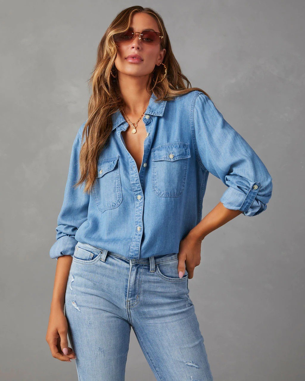 Women Button Down Denim Shirts Casual Long Sleeve V Neck Chambray Blouse Top