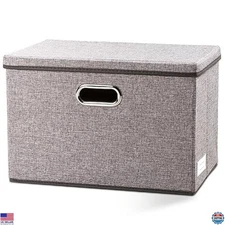 PRANDOM Extra-Large Foldable Storage Bin with Lid - Linen Organizer 17.7"x11.8