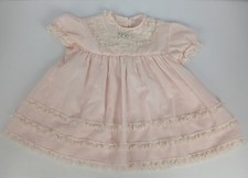 Vintage Baby Girl Pink Lace Trim Puff Sleeve Dress Made in USA 12M Ruffle