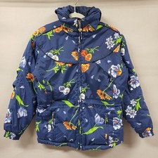 OBERMEYER Jacket Teens Girls sz 14-16 Blue Floral Retractable Hood Outerwear Ski