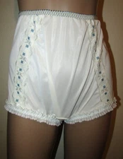 Vtg white Nylon Brief panty Granny Wide gusset Sz 9 Blue lace ruffles Sissy