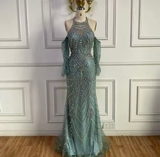 Turquoise Halter Beaded Crystal Mermaid Evening Dress W Detachable Sleeves Gown