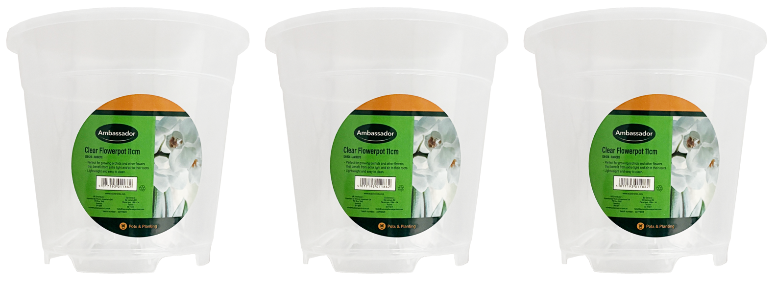 3x Ambassador Garden Clear Plastic Flower Orchid Plant Pot Planter Growing- 11cm