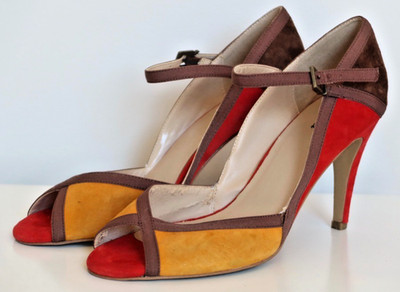 Women Size 9 Bata Red, Yellow, and Brown Suede Open-Toe Cone Heels