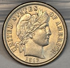 1913 10c Barber Dime . CHOICE BU + Nice Luster !!!