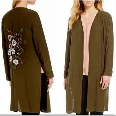 Gibson Latimer Olive Green Embroidered Floral Duster Cardigan Women Plus Size 1X