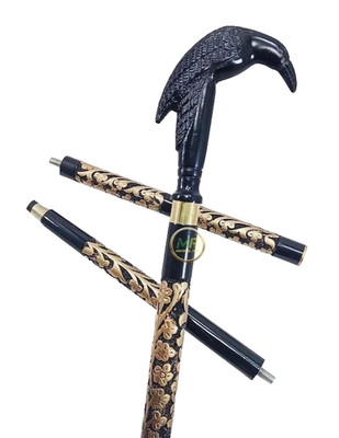 Collectible Black Eagle Handle Designer Black Wooden Golden Carved Walking Stick