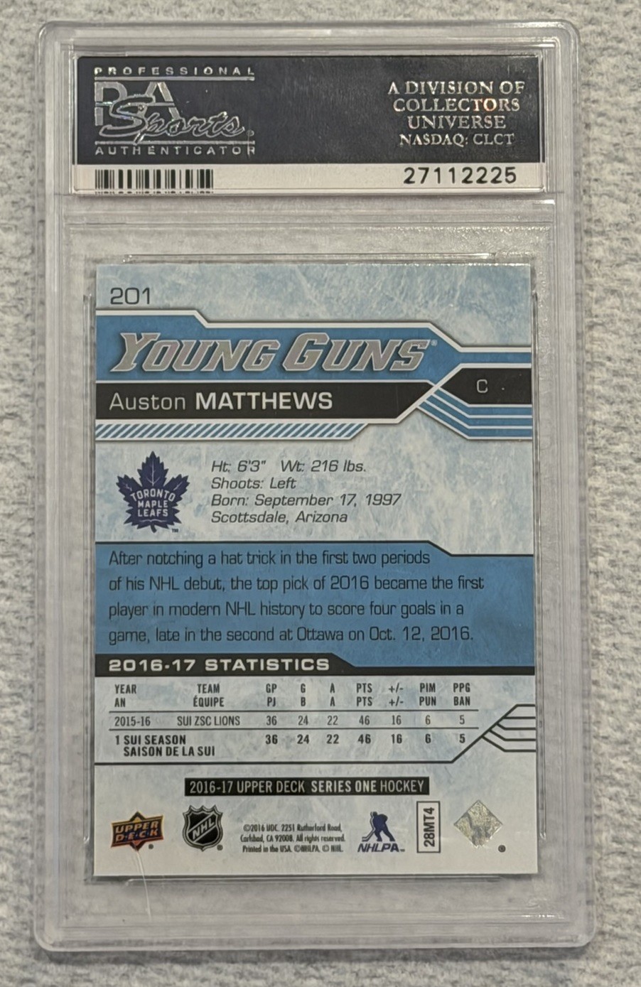 2016-17 Upper Deck Series 1 Auston Matthews Young Guns Rookie #201 PSA 10 view 2