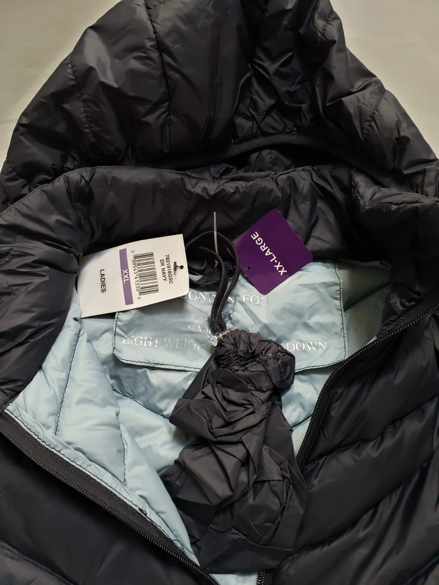 NEW LONDON FOG NAVY DETACHABLE HOOD PUFFER QUILTED PACKABLE DOWN JACKET COAT
