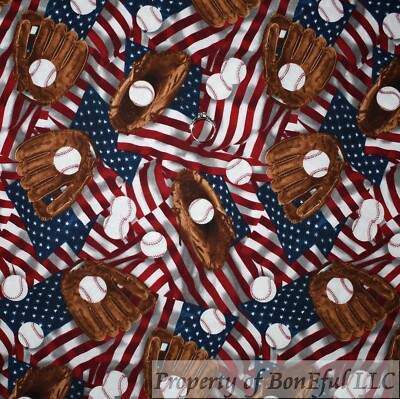 BonEful Fabric FQ Cotton Quilt American Flag Baseball Glove Mitt Star Stripe USA