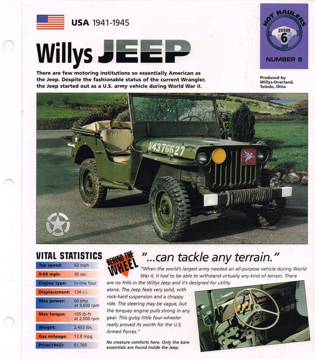 WILLYS JEEP SPEC SHEET/Brochure: 1941,1942,1943,1944,1945 (Ford