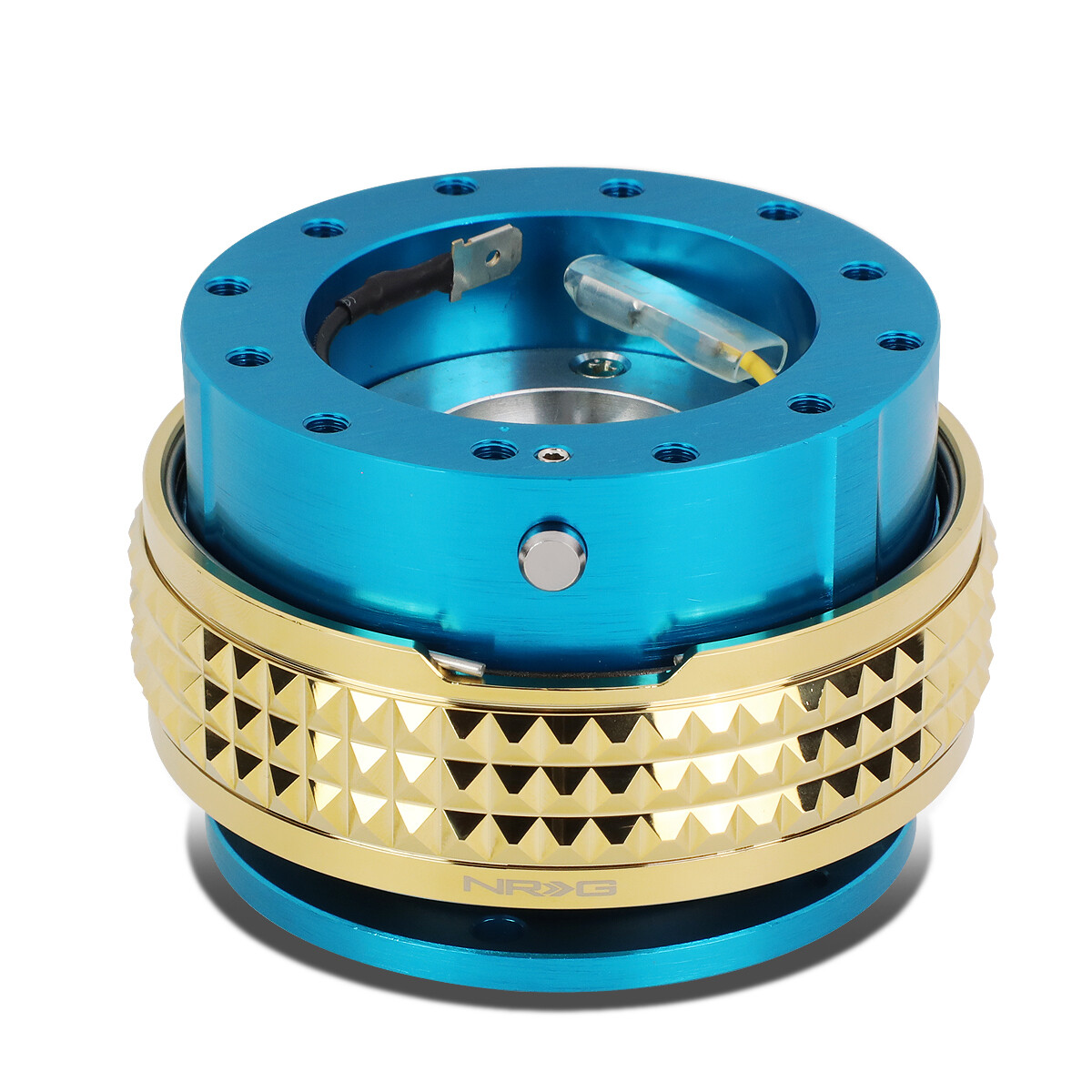 NRG Gen 2.1 Aluminum Steering Wheel Quick Release Adapter with Blue Gold Pyramid Ring for Enhanced Durability and Style