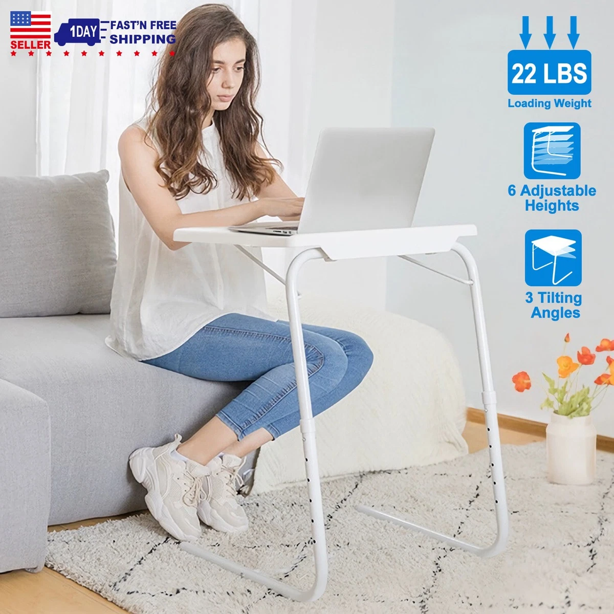 Adjustable Folding Laptop Table Sofa Side TV Snack Desk Assemble