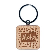 Aloha Hello Hawaiian Doodle Engraved Wood Square Keychain Tag Charm
