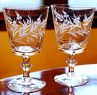 Vintage Set 2 WATER GOBLET GLASSES Hand Blown ETCHED PLANTS BOWL & FOOT 5.75" 