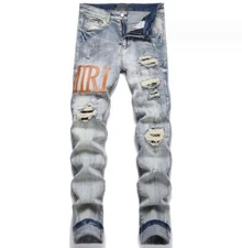 Men's Blue Denim Jeans Letter Decor Ripped Holes Pants Punk Trousers Hip Hop New