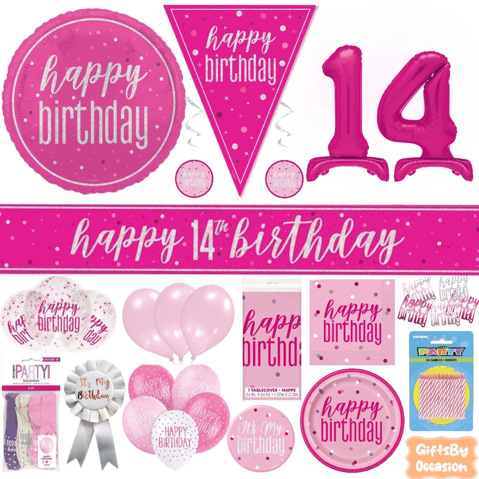 UNIQUE PARTY Pink 14th Birthday Decorations Happy Party Banner Bunting Balloons Candle Age 14