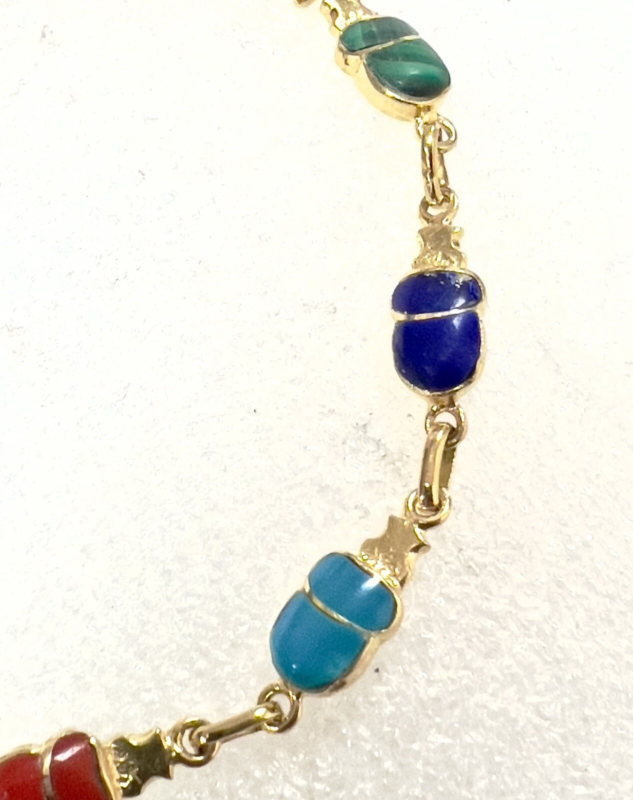 18K Solid Yellow Gold Bettle Link Multi Gems Brac… - image 4