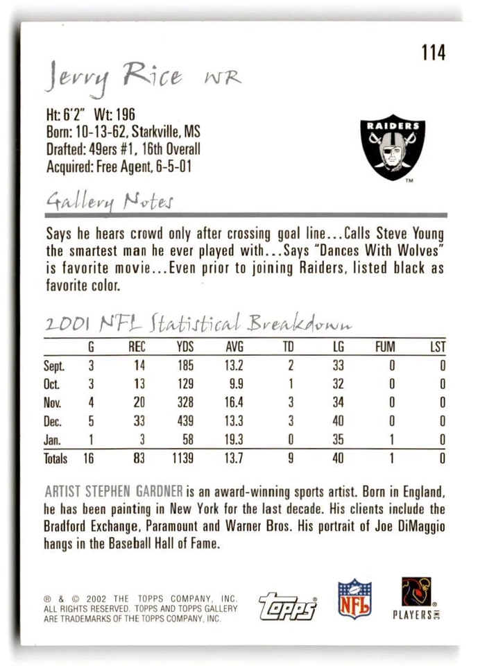 2002 Topps Gallery #114 Jerry Rice - Image 2 of 2