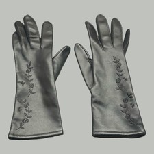 Vintage Black Driving Gloves with Floral Embroidery Faux Leather Approximate 9  