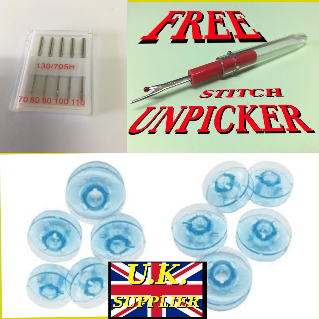 10 X BOBBINS +NEEDLES FOR PFAFF SEWING MACHINES +FREE STITCH UNPICKER