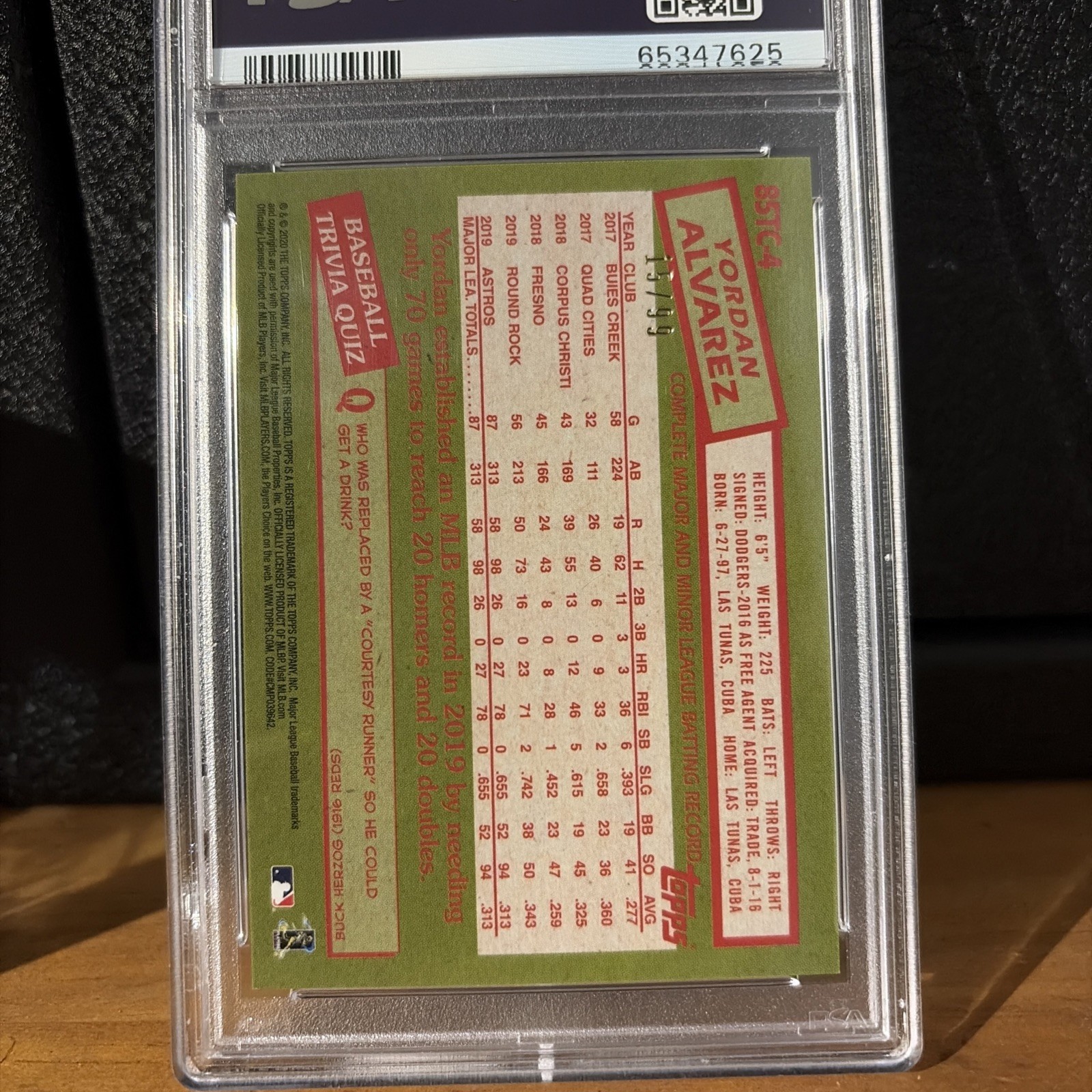 2020 YORDAN ALVAREZ TOPPS CHROME 1985 TOPPS GREEN REFRACTOR 15/99 PSA 10 POP 4 view 2