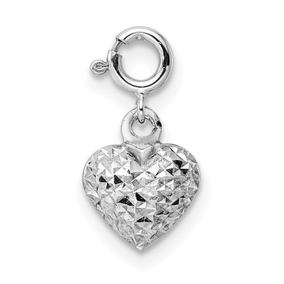 14K White Gold 3-D Puffed Diamond-cut Heart with Spring Ring Clasp Charm Pendant