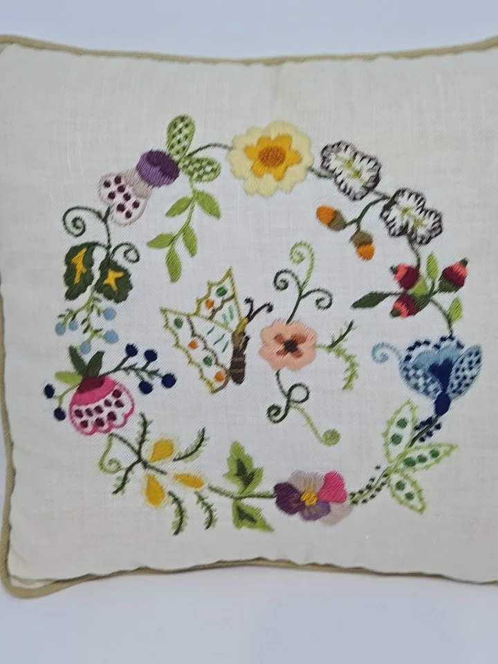 Handmade Crewel Embroidery Needlepoint Pillow Butterfly Flowers Cottage 12x12 - Image 3 of 4