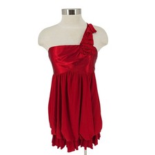 Jessica McClintock Bubble Dress Red One Shoulder Ruffle Satin Knit Womens 10