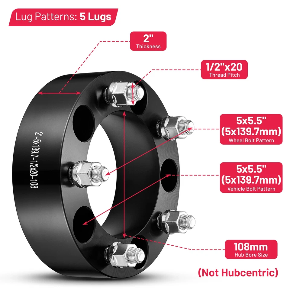 4x 2 Inch 5x5.5 5x139.7 Wheel Spacers 1/2"x20 For Jeep CJ6 1959-1975 - Image 2 of 4