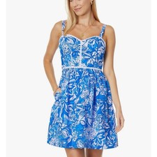 Lilly Pulitzer Haylan Cotton Blue Floral Print Cotton Dress Size 10