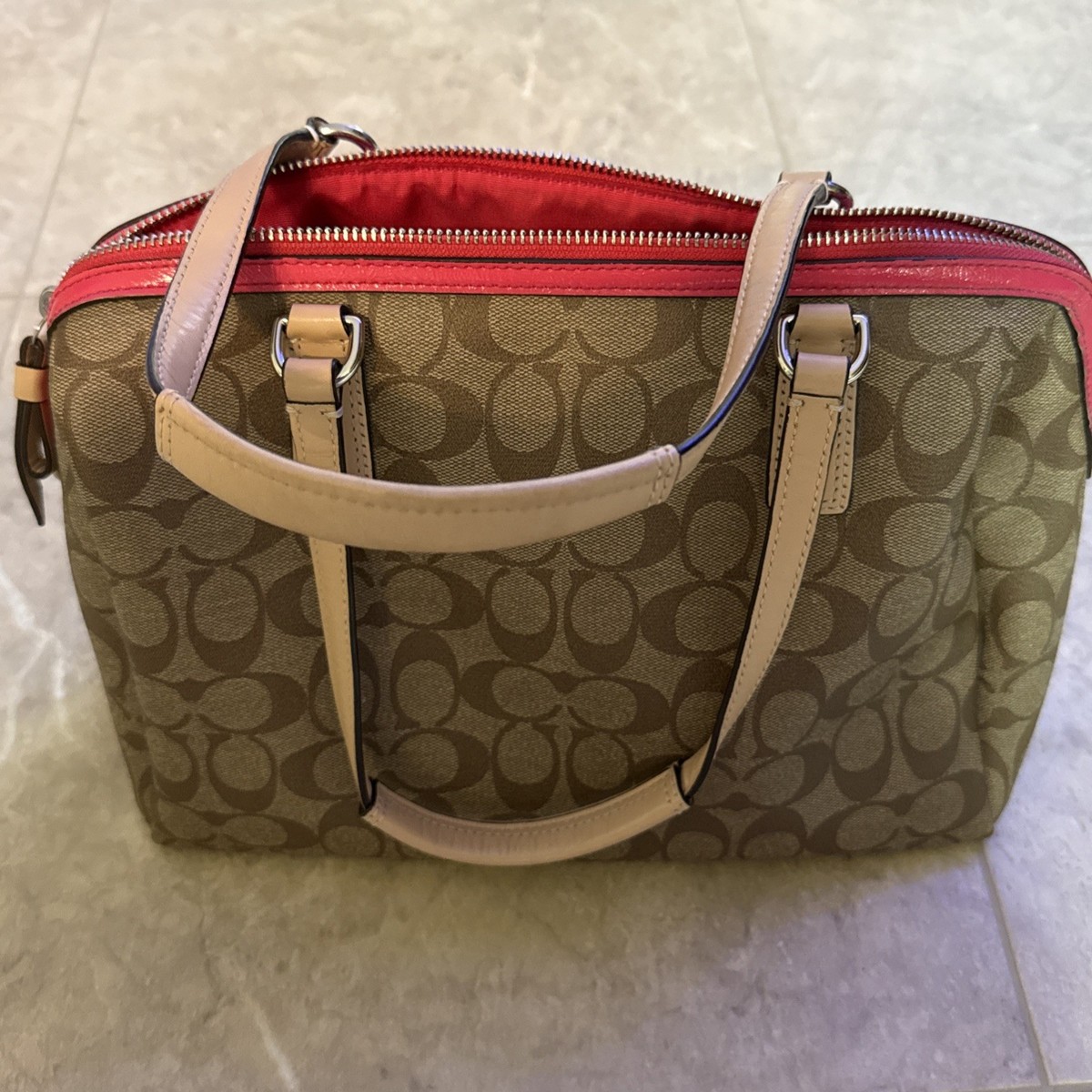 COACH Signature Stripe Pink/Beige Carryall Shoulder Bag M1393