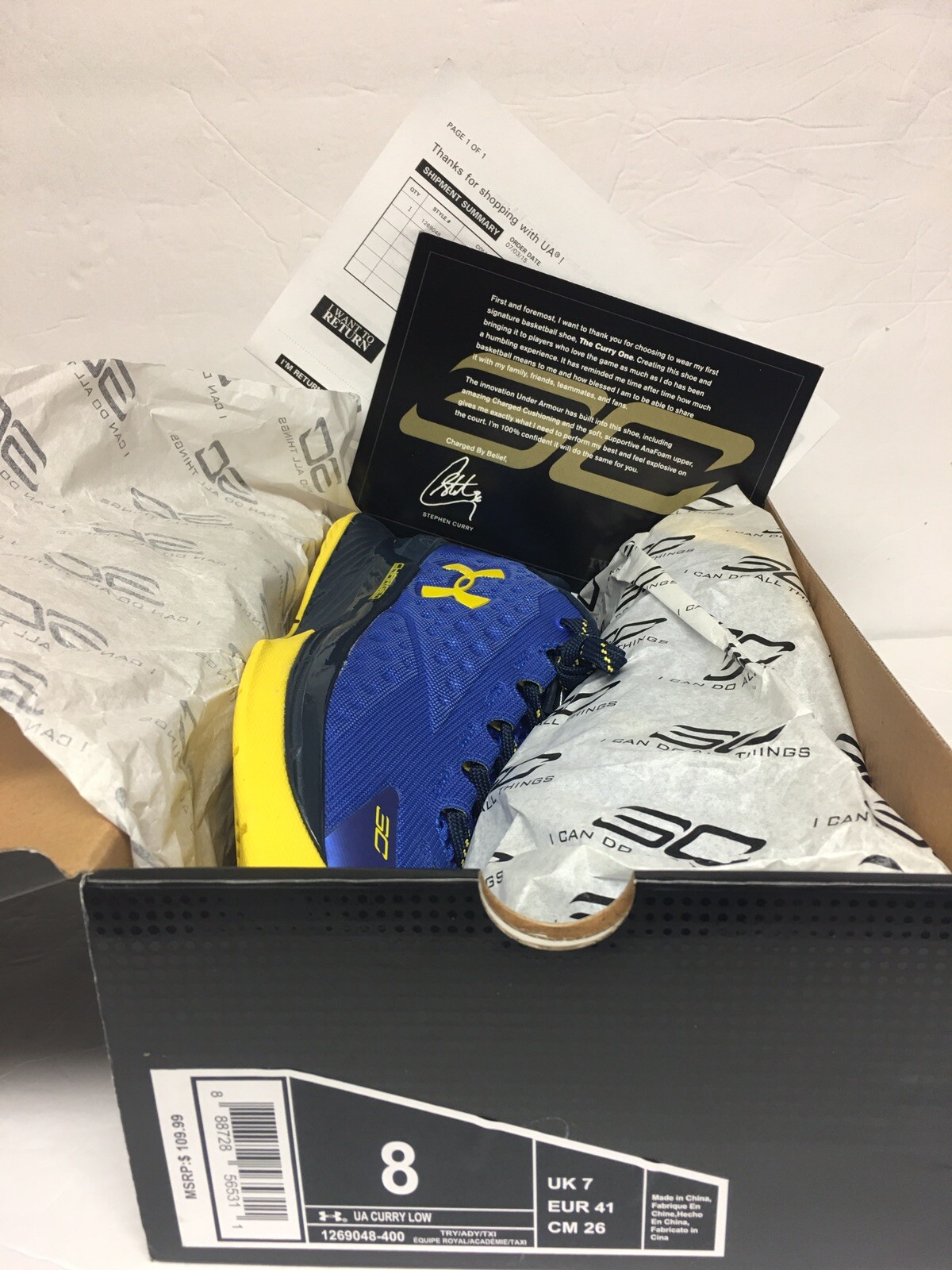 Under Armour Curry 1 Low Mens Size 8 Royal Taxi “Dub Nation” Basketball Shoes thumbnail 4