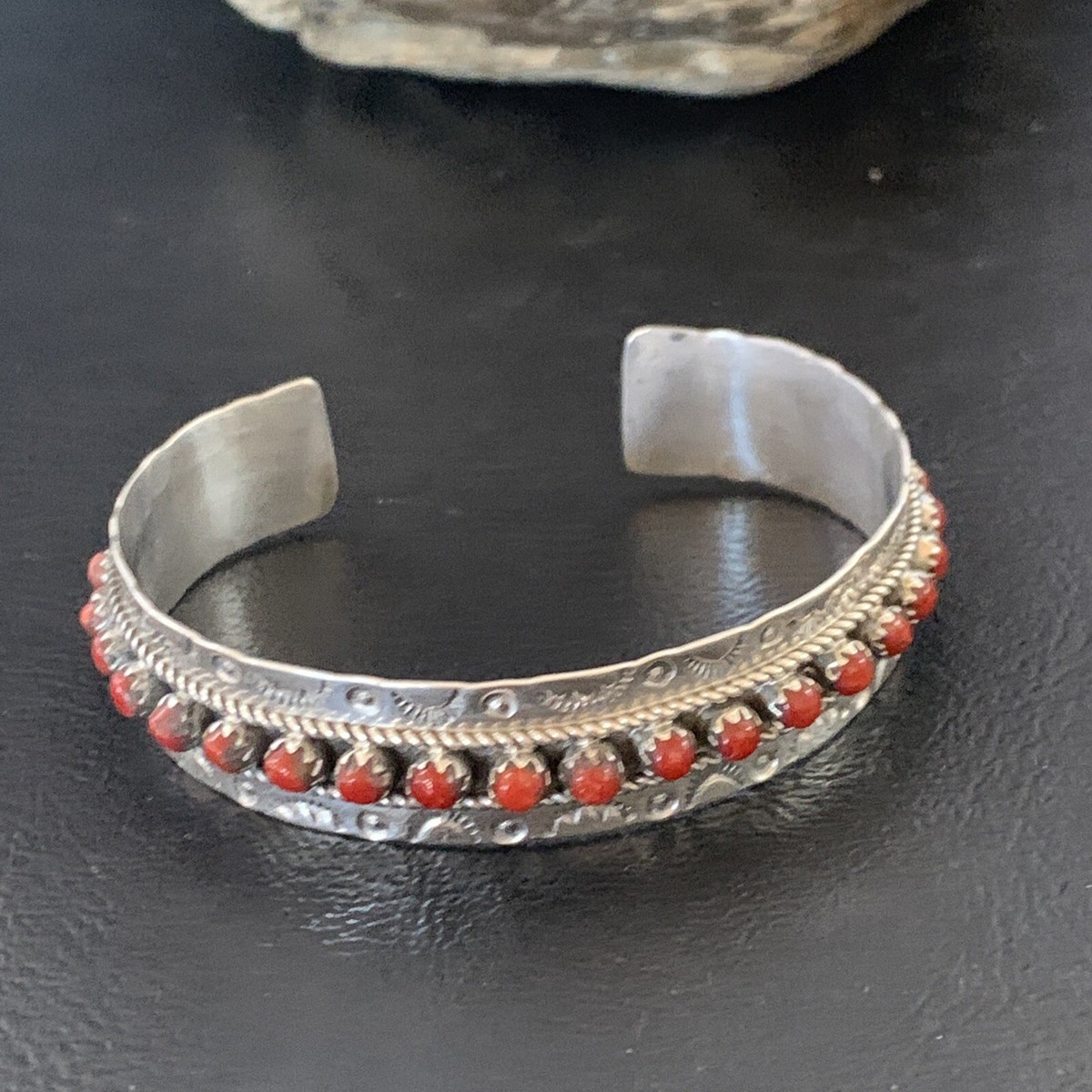 Native Red Coral Southwestern Zuni Sterling Silver Cuff Bracelet 8 