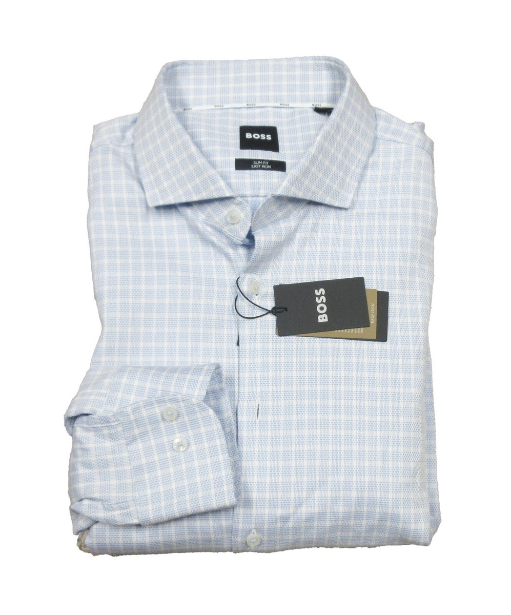 Boss Hugo Boss Men's Blue Check Hank Spread Easy Iron Slim Fit Dress Shirt