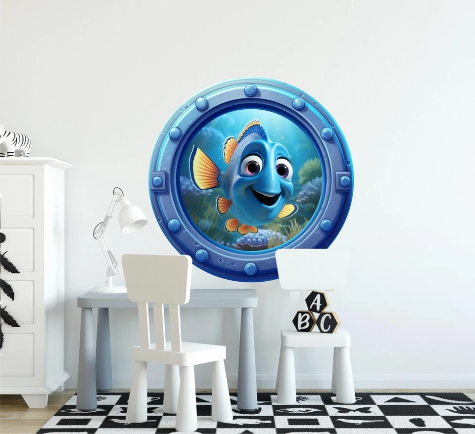 Calcomanía de pared extraíble Blue Tang dibujos animados ojo de buey ventana 3D pez Dori Foto 2 de 4