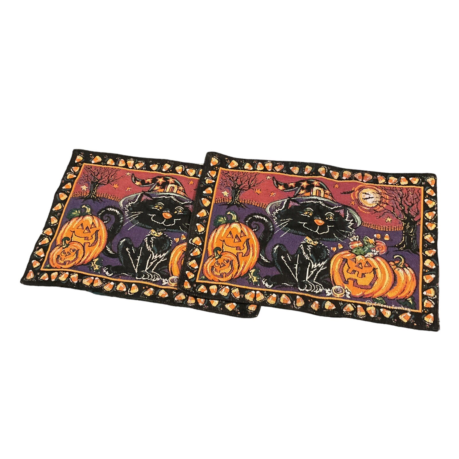 Vintage 1990s Halloween Tapestry Placemats Black Cat Pumpkin Candy Corn